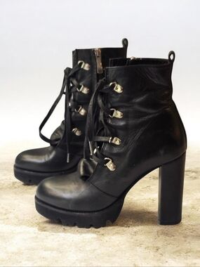 Flower Black Leather Platform Ankle Boots Lace Up Block Heel Size 37